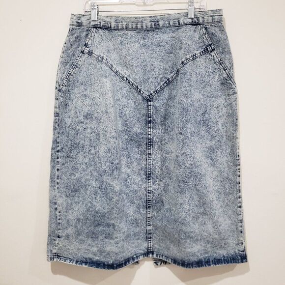 Vintage Denim Skirt Sz 18W 80s Kayo Acid Wash Pockets Maxi Midi 100% Cotton - Picture 2 of 14